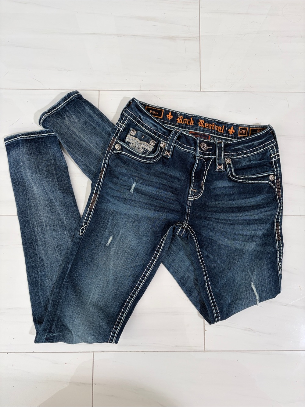 Rock Revival Pilkin Women's Dark Blue Distressed Mid-rise Skinny Jeans size 26